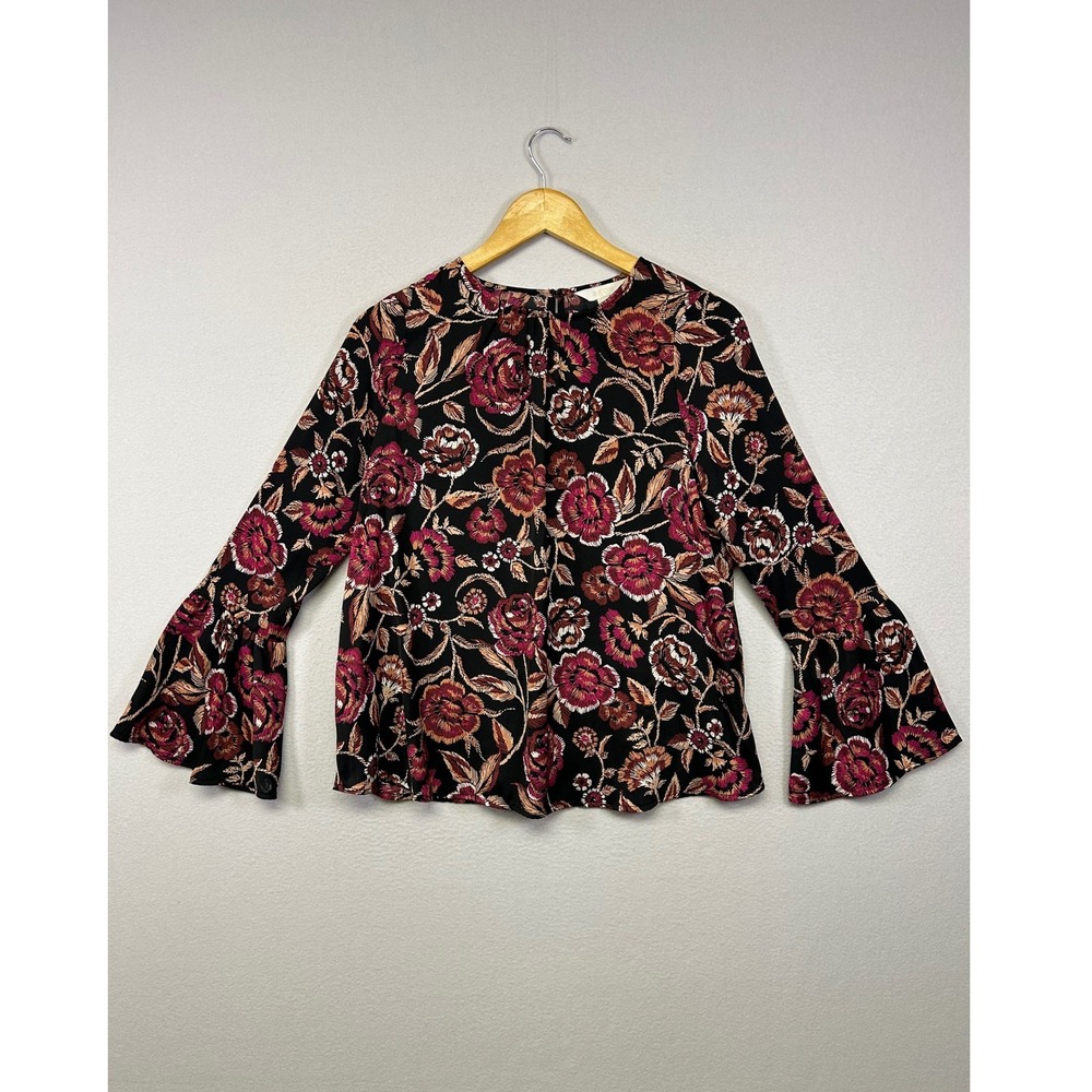 Boho Fenimine Floral a:glow Maternity XS Black Pink Bell Sleeve Blouse Top‎